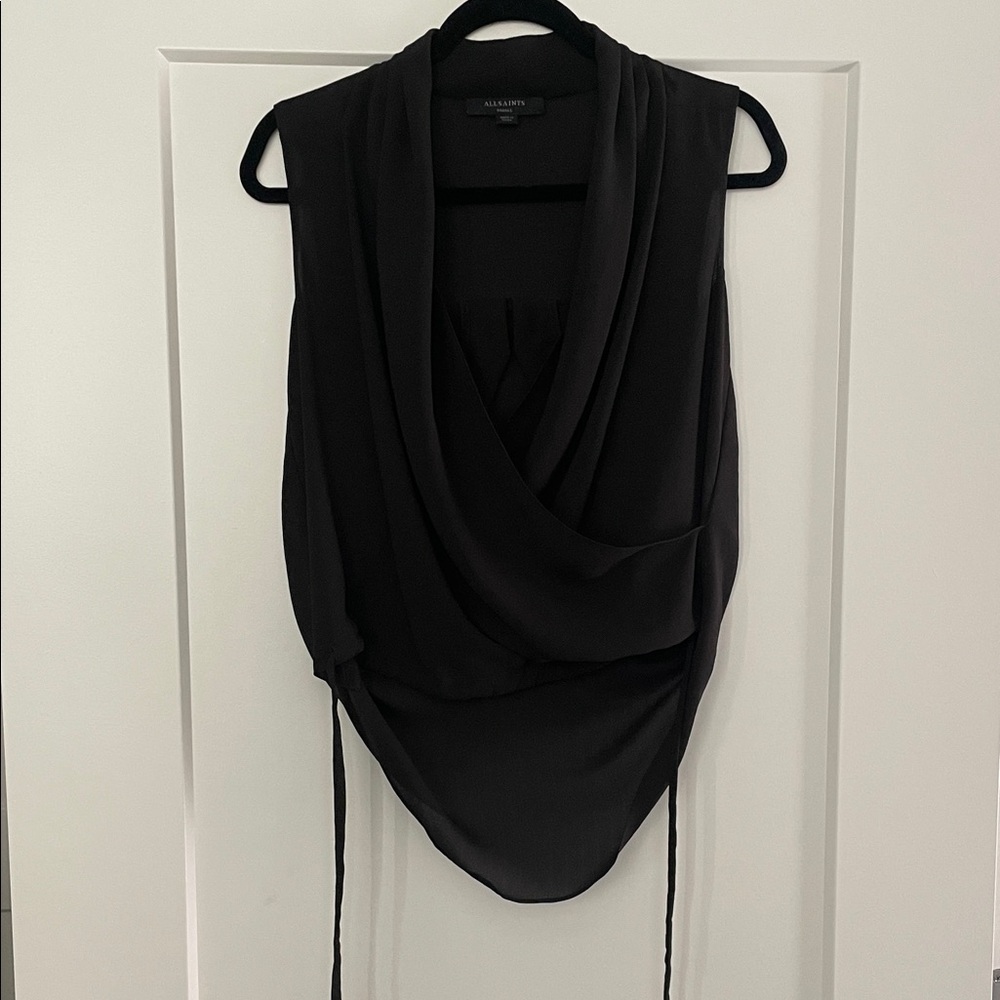 AllSaints black sleeveless drape-front blouse